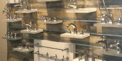 Creative Kitchen & Bath Creates an Amazing New Display with Blue Stain Pine Textured Slatwall
